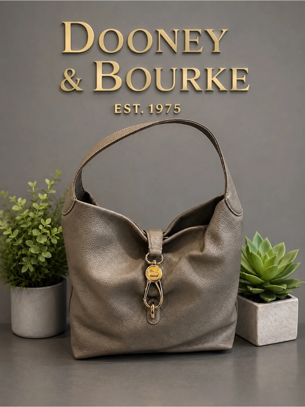 • Dooney & Bourke Logo  Lock Sac Hobo Bag Elephant Gray Pebbled Leather EUC